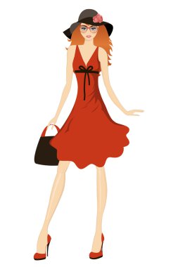 Geniş bir şapkayla poz güzel kız. Vektör çizim.