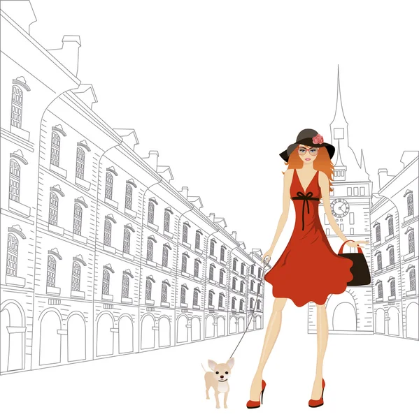 Γυναίκα με σκύλο, το περπάτημα στην πόλη. Vector εικονογράφηση. — Διανυσματικό Αρχείο