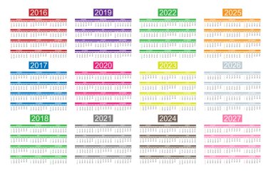 Yıl 2016-2027 Mega koleksiyonu on iki yıl takvimleri için İngilizce takvim