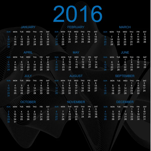 Kalendern 2016 Rainbow menyfliksområdet effekt svart — Stock vektor