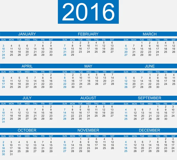 CALENDAR 2016 SIMPLE ESTILO AZUL — Vetor de Stock