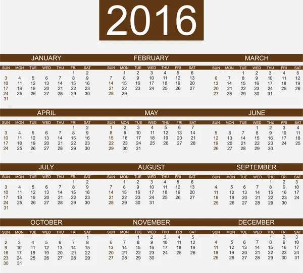 日历 2016年简单风格棕色 — 图库矢量图片