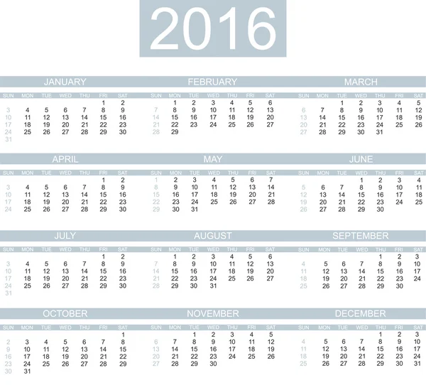 CALENDRIER 2016 SIMPLE STYLE LIGHT GRAY — Image vectorielle