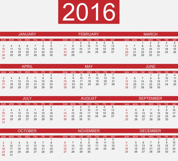 Kalender 2016 Simple stijl rood — Stockvector