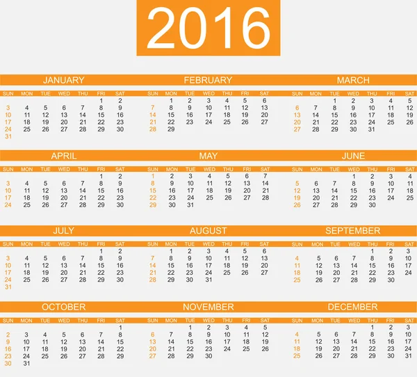 Takvim 2016 basit tarzı turuncu — Stok Vektör