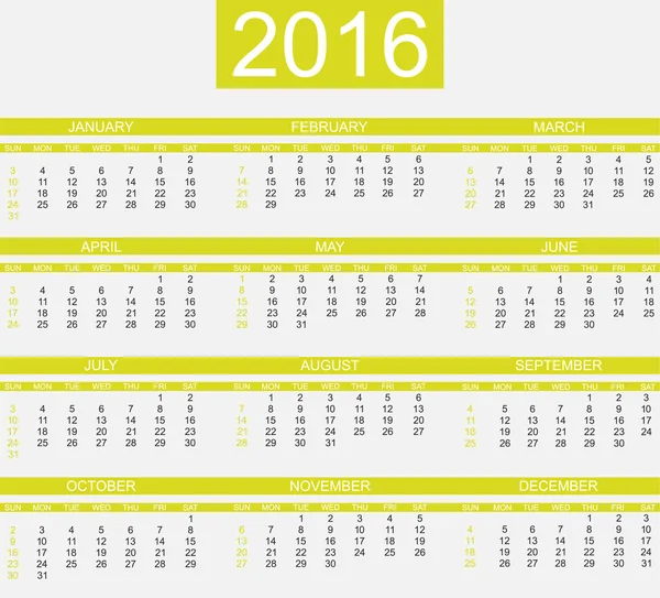 CALENDRIER 2016 JAUNE DE STYLE SIMPLE — Image vectorielle