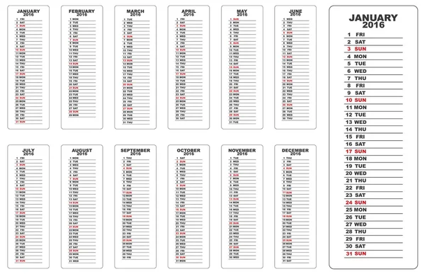 Einfacher Kalender 2016 für Web und andere — Stockvektor