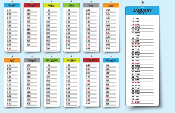 Eenvoudig gekleurde kalender 2016 — Stockvector