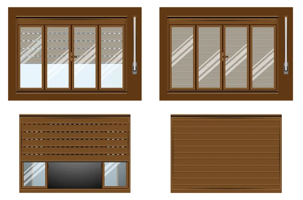 ROLLER SHUTTER OPEN CLOSE VIEW FROM INTERSIDE VIEW FROM OUTSIDE WITH WINDOWS PLASTIC WOOD — Vector de stock