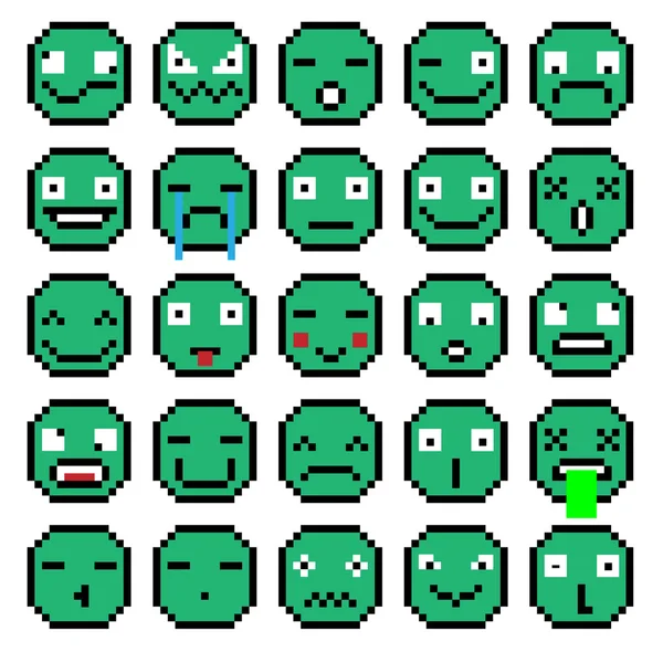 Duygular kümesi Emoji gülümseme simgeler gülümseme piksel gülümseme Retro yeşil — Stok Vektör