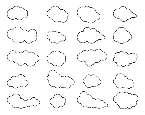 Mraky ikonu, zamračená obloha, mraky mraky na modré obloze, Cloud poza, osvětlení, Cloudscape, obloha Cloud, Cloud nastavit počasí, obloha, nebe Cloud, pozadí oblohy, jednoduché Cloud bílá a černá — Stockový vektor