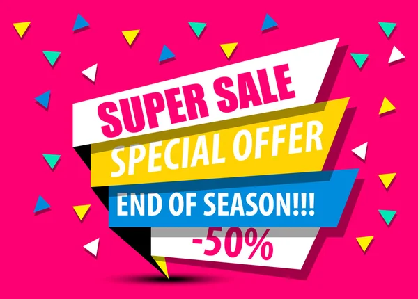 VENDA, VENDA SUPER, VENDA GRANDE, DESCONTO, 50%, BANNER SHINING, SALE BACKGROUND, OFERTA ESPECIAL, SHINING BANNER ON COLORFUL BACKGROUND, GEOMETRIC FIGURE, SEGUNDA EDIÇÃO —  Vetores de Stock