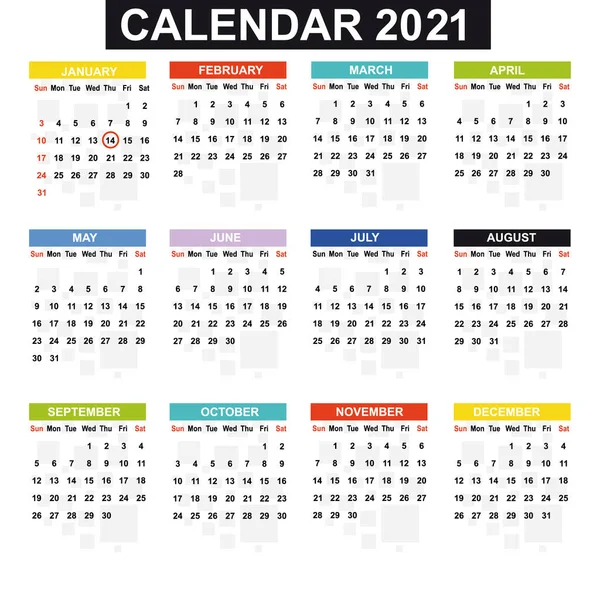 2021 Prosty Kalendarz Stylu Kolorowym Znakiem Dnia — Wektor stockowy