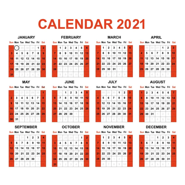 2021 Enkel Stil Kalender Med Dag Märke — Stock vektor