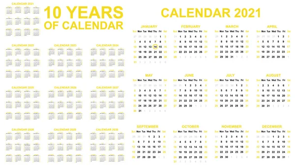2021 2030 Ten Years Calendar Simple Yellow — Stockvector