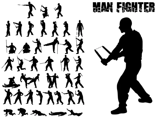 Savaş adam ve dövüş sanatları Whit silah siluet — Stok Vektör