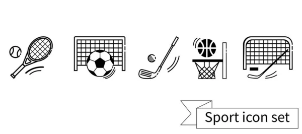 Colección Vectorial Iconos Deportivos Color Negro Lineal Hockey Baloncesto Fútbol — Vector de stock