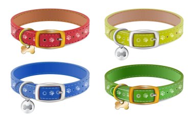 Mavi, kırmızı, sarı, yeşil ve gümüş madalyalı 3D gerçekçi tasma koleksiyonu. Beyaz arkaplanda izole.