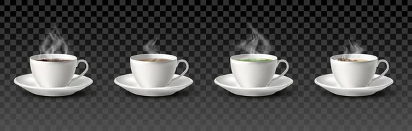 コーヒー カプチーノとホワイトカップの3Dリアルなベクトルコレクション 透明な背景に隔離された — ストックベクタ