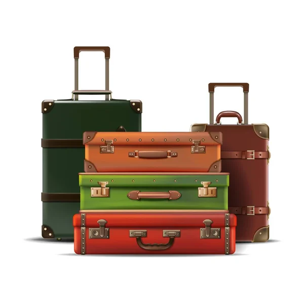 Realistic Vector Collection Different Sizes Travel Luggage Retro Old Style — Stock Vector