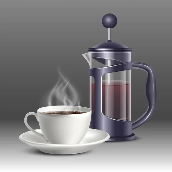 Gri Arka Planda Beyaz Kahve Fincanı Olan Fransız Kahve Makinesinin — Stok Vektör