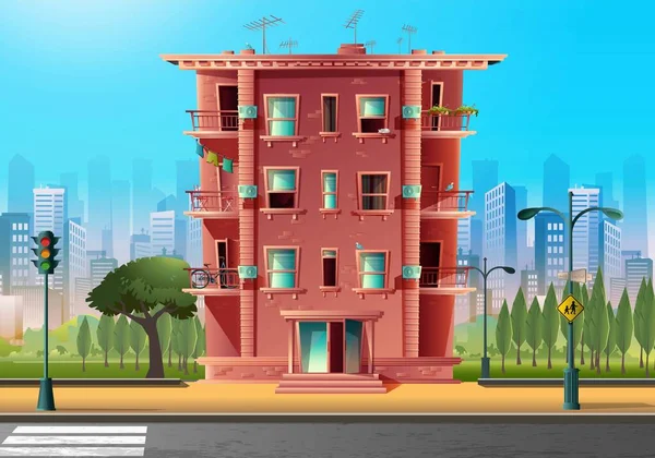 Modernes Mehrstöckiges Gebäude Vector Cartoon Stil Architektur Cartoon Stil Straßenübergang — Stockvektor