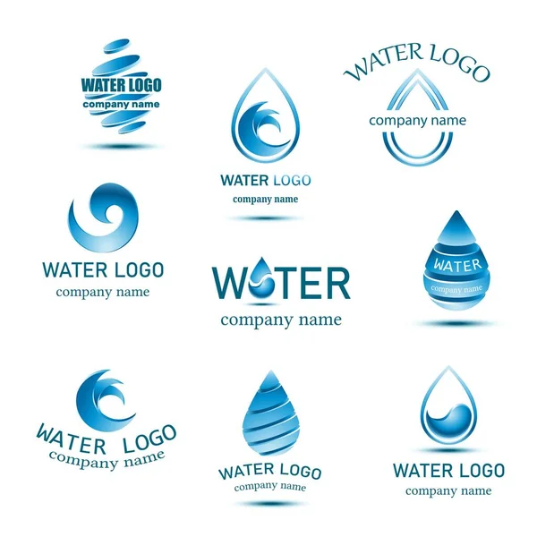 Коллекция Логотипов Векторной Синей Минеральной Воды Каплями Волнами — стоковый вектор