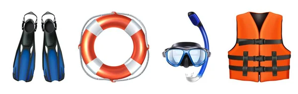 3d realista colección de vectores de equipos de mar para la natación, snorkel. Chaleco salvavidas, máscara. Aislado sobre fondo blanco. — Vector de stock