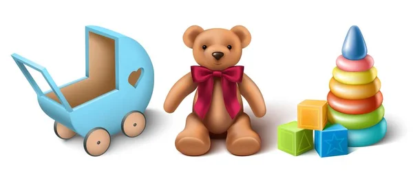 3d realista colección de vectores de juguetes para niños, oso de peluche, cochecito de madera, apilador y cubos de juego. Aislado sobre fondo blanco. — Archivo Imágenes Vectoriales