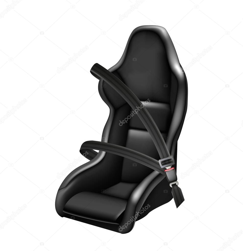 3d realistic vector icon illustration of sport car black leather car seat with fasten seat belt. Side view.