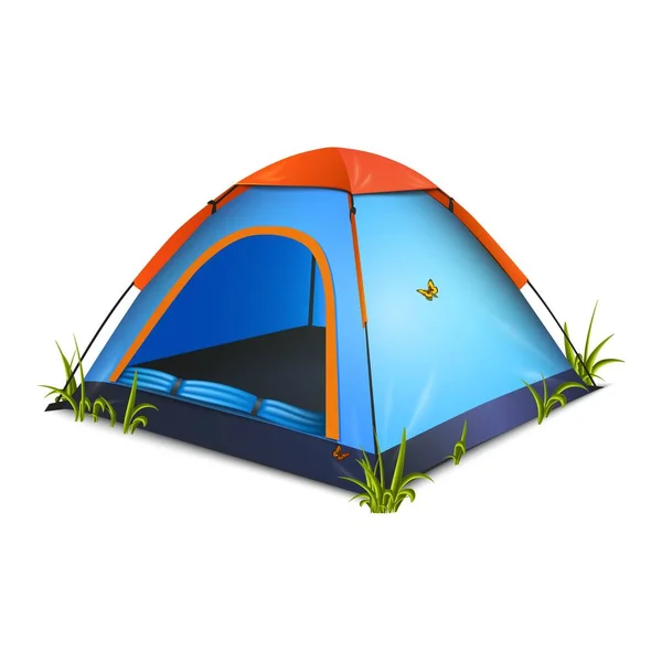 Realistische Vektorsymboldarstellung Eines Blauen Zeltes Mit Schmetterlingen Und Gras Drumherum — Stockvektor