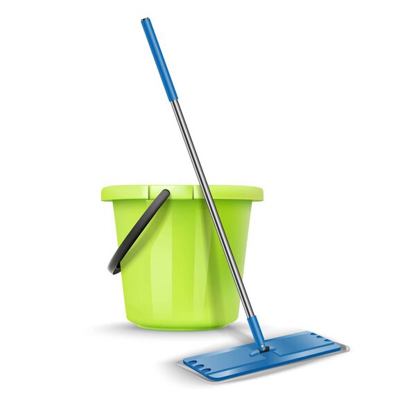 3d realistic vector cleaning greet bucket with broom. Isolated on white background.
