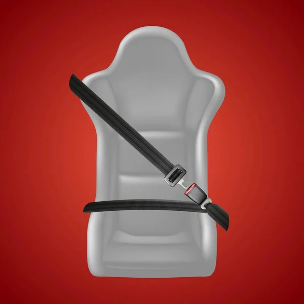 3D realistischer Sicherheitshintergrund auf rot. Befestigen Sie Ihr Sitzschild mit Sicherheitsgurt und Autositz. — Stockvektor