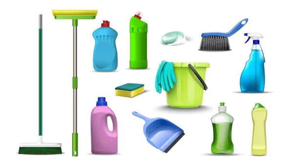 3d coleção realista de produtos de limpeza doméstica. Isolado sobre fundo branco. — Vetor de Stock