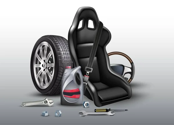 Service de réparation automobile. Illustration vectorielle réaliste avec siège auto, roues, bouteille en plastique d'huile. — Image vectorielle
