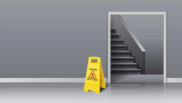 노란색 표지판이 걸레가 양동이가 엘리베이터 강당과 계단을 청소하는 과정에서 실제적 — 스톡 벡터