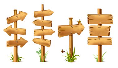 Vektör karikatür ahşap rustik yön oklarında şarkı söylüyor. Mesajlar için metal çivili eski bir pankart ya da etrafta kelebekler, çimenler ve gerçekçi gölgeler olan yol bulma işaretleri..