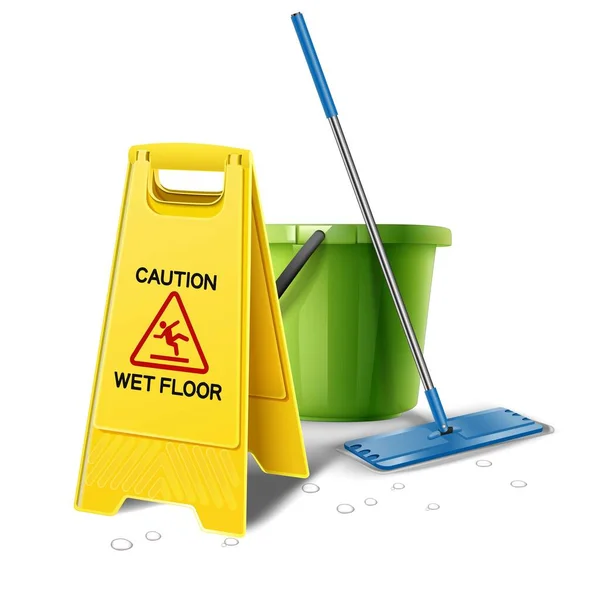 Realistic Vector Icon Illustration Wet Floor Caution Yellow Sign Bucket — Stock Vector