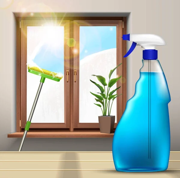 Pencerelerin Arka Planında Paspas Sprey Ürünleriyle Gerçekçi Vektör Temizliği — Stok Vektör