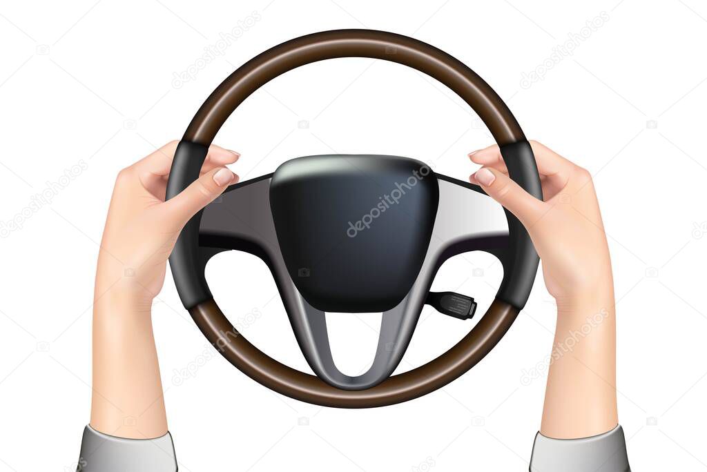 3d realistic car steering wheel and hands holding it, isolated on white background. Car driving.