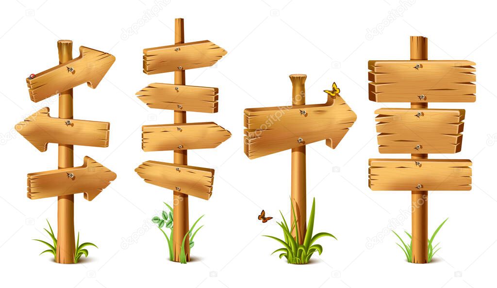 Vector cartoon wooden rustic sings in arrow of direction. Old, retro banner with metal nails for messages or pointers for path finding with butterflies and grass around and realistic shadow.