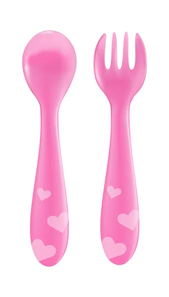 Realistic Vector Baby Pink Fork Spoon Set Eating Utensils Isolated — Stock Vector