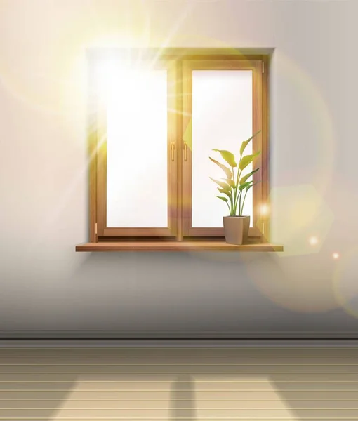 Realistische Vektorinnenausstattung. Holzfenster mit einer Pflanze und Sonne, die durch das Glas scheint. — Stockvektor