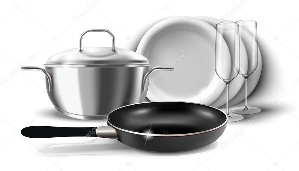 3d realistic vector icon illustration of kitchen dishes, pan and pot with a cover. Isolated on white background.