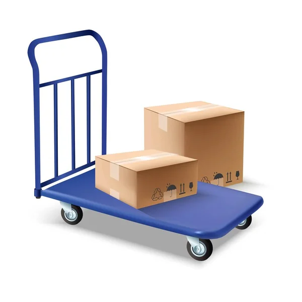 3d icône réaliste illustration de bagages bleus ou chariot de fret avec des boîtes sur le dessus. Isolé sur fond blanc. — Image vectorielle