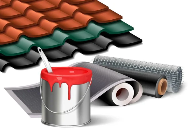 Ilustrasi ikon vektor realistik dari elemen konstruksi, ember cat merah, gulungan kertas dinding dan atap berubin potongan sampel dengan warna yang berbeda. Terisolasi pada bahan dekorasi putih. - Stok Vektor