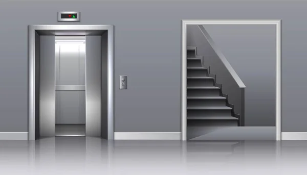 Realista Vector Oficina Edificio Ascensor Con Puertas Medio Cerradas Escaleras — Vector de stock