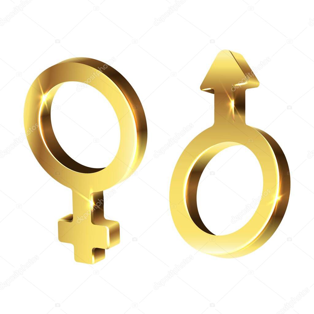 3d realistic vector golden sign of man and woman. Isolated icon illustration on white background.
