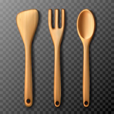 Logo, reklam, menü, kafe, afiş veya el ilanları için 3D gerçekçi rustik ahşap mutfak gereçleri set çatal, kaşık ve spatula dijital tasarım elementleri. Şeffaf arkaplanda izole.