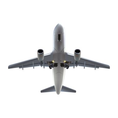 3D gerçekçi vektör düzlemi. Beyaz arka planda izole edilmiş uçak, aşağı görünüm.